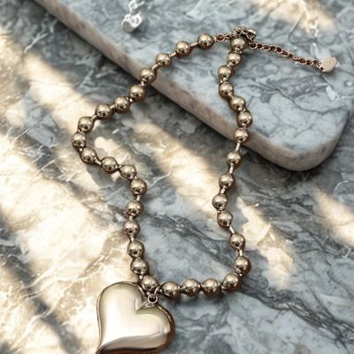 Beaded Heart Necklace- Silver