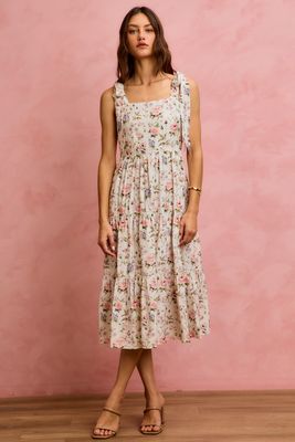 Pink Floral Shoulder Tie Dress