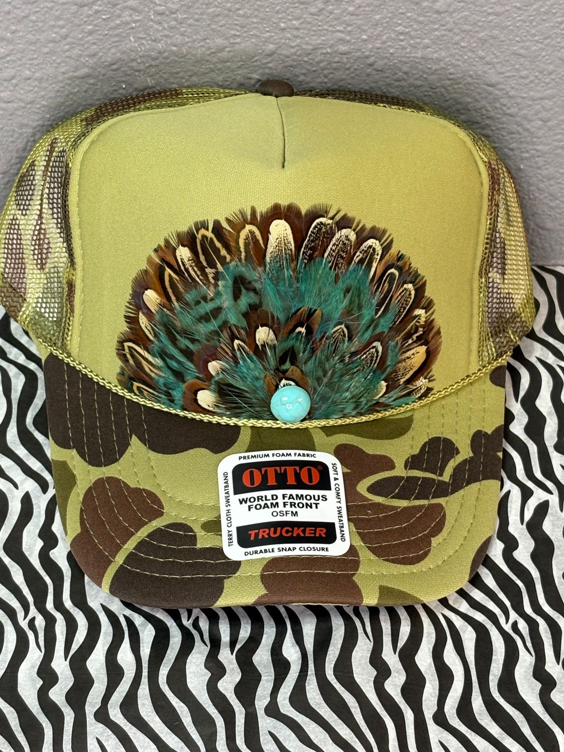 Feather Trucker Hat- Camo Green