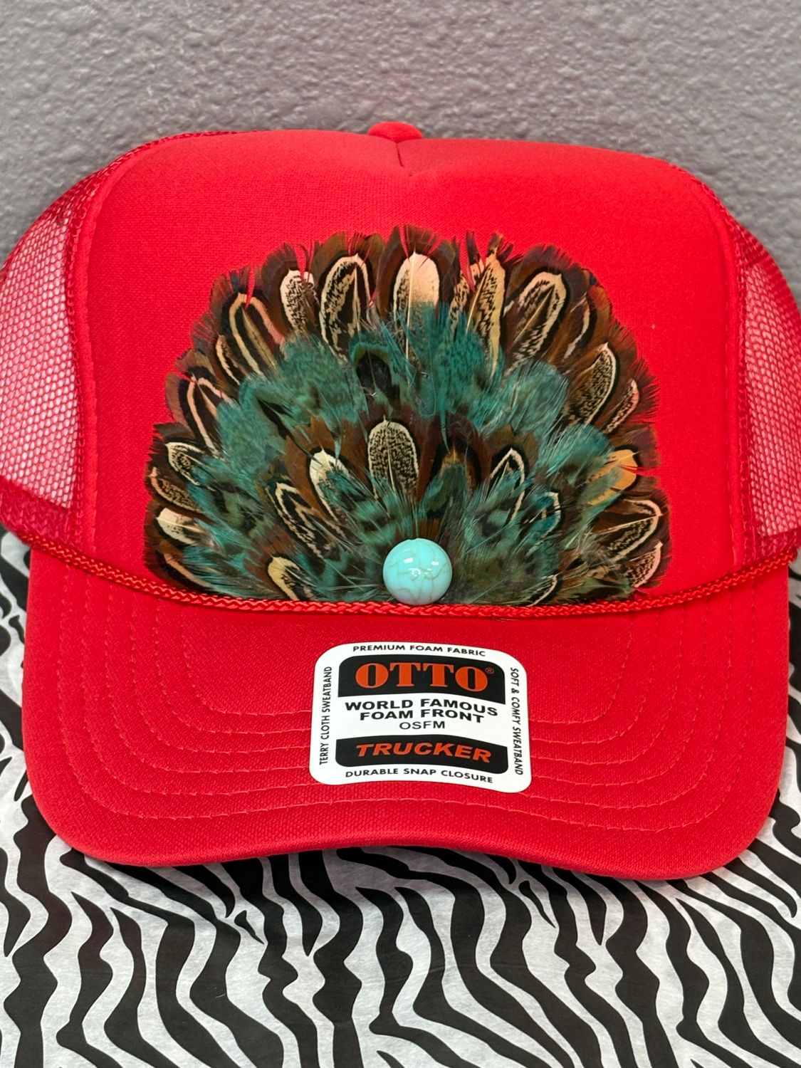 Feathered Trucker Hat- Red