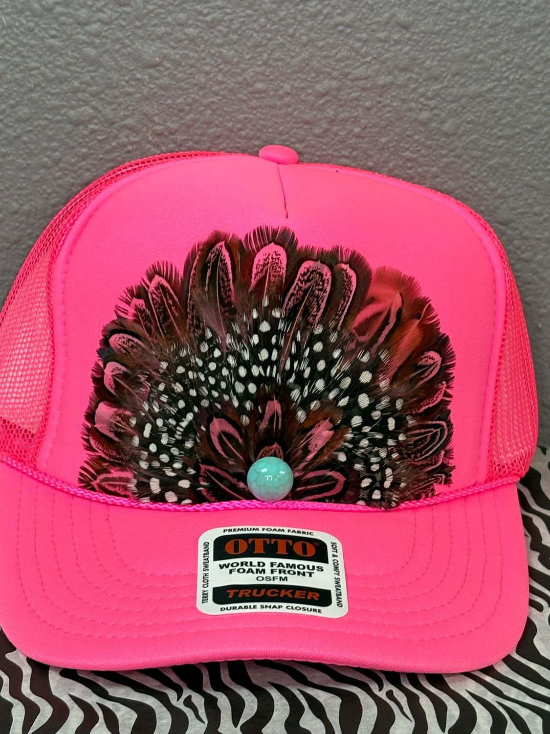 Feather Trucker Hat- Hot Pink