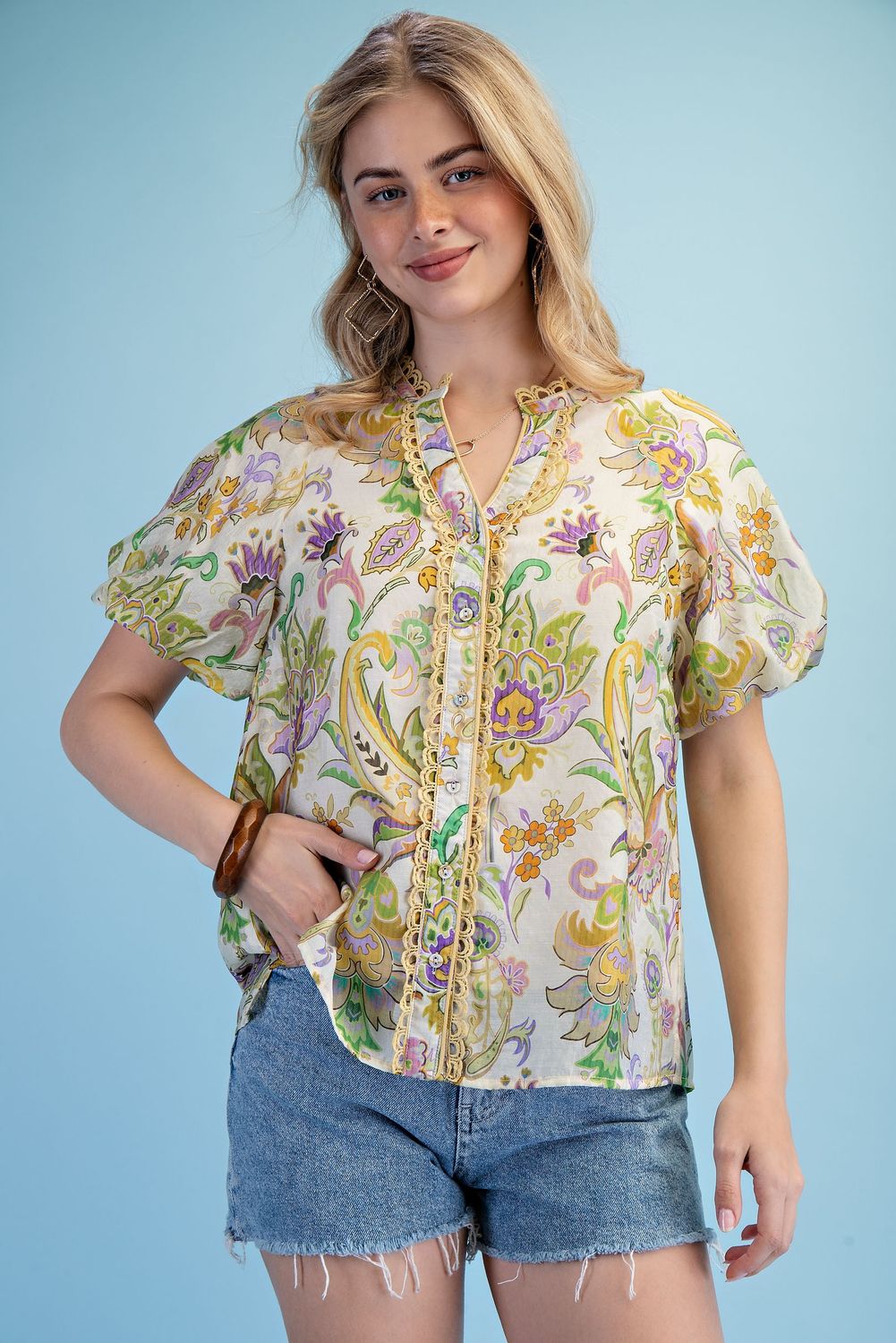 Puff Sleeve Button Up Floral Top