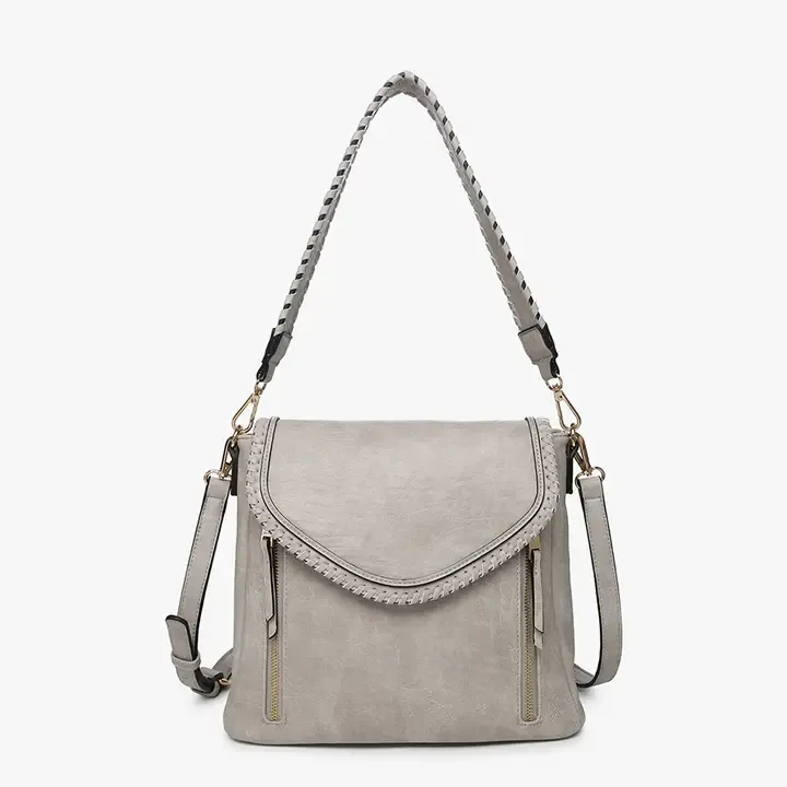 Lorelei Double Zip Whipstitch Trim Crossbody-LT grey