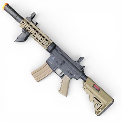 Used Lancer Tactical Gen 2 7" Nylon Polymer M4 Airsoft AEG with Mock Suppressor (Color: Black / Tan) Package | Pre-Owned