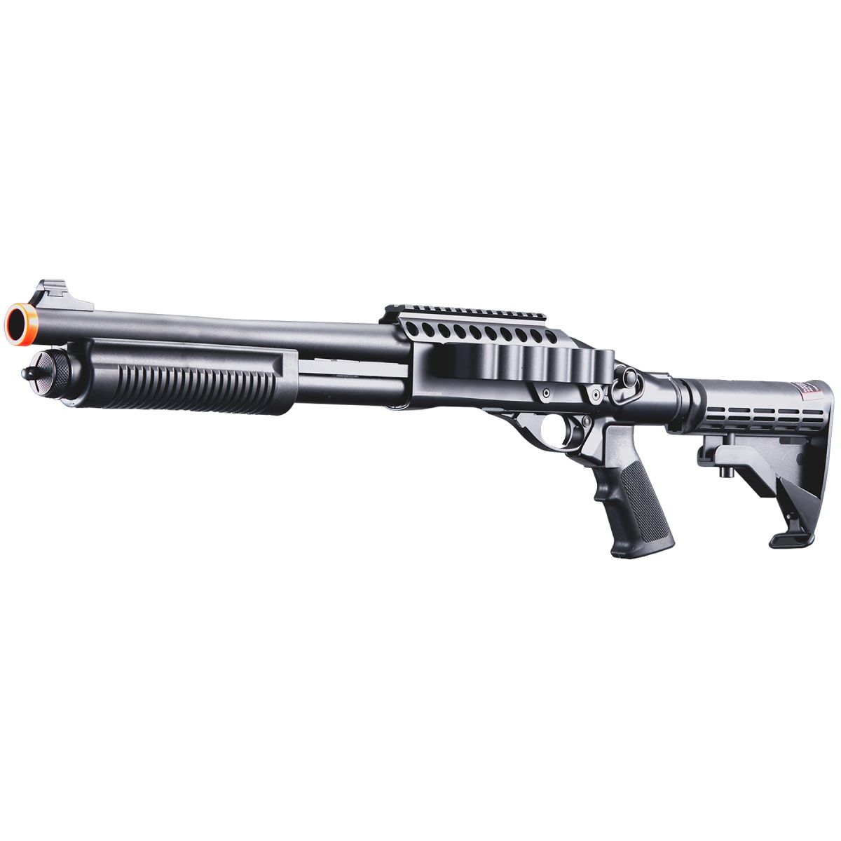 Golden Eagle M8873 3/6-Shot Pump Action CO2 Airsoft Shotgun w/ Optic Rail &amp; M4 Crane Stock, Color: Black
