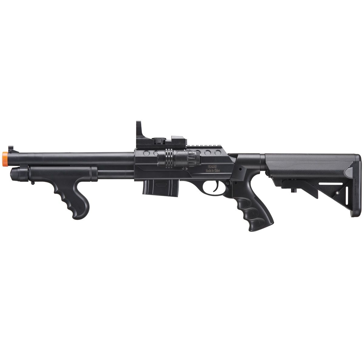 UK Arms Spring M0681D Spring Powered Pump Action Shotgun w/ Red Dot Sight, Flashlight, and Stock (Color: Black)