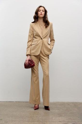 Iris Setlakwe Bell Sleeve Fitted Jacket, Color: Beige Pinstripe, Size: 2