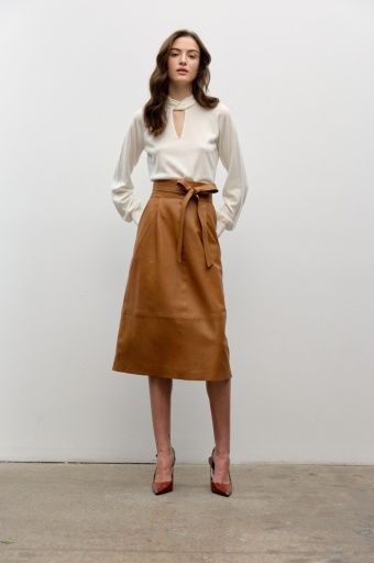 Iris Setlakwe Pleated Front A-Line Lamb Leather Skirt, Color: Caramel, Size: 2