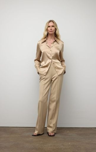 Iris Setlakwe Button Down Classic Stretch Silk Blouse, Color: Taupe, Size: S