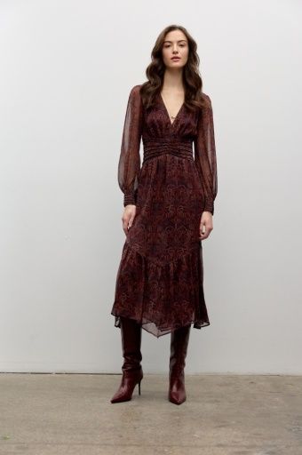 Iris Setlakwe Printed Chiffon Long Sleeve Dress, Color: Brown Multi, Size: 2