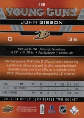 John Gibson - 2013-14 UD Series two Young guns #486