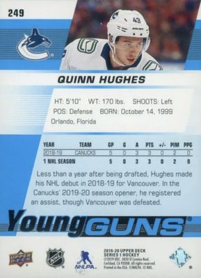 Quinn Hughes - 2019-20 UD Series one Young guns #249