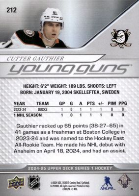 Cutter Gauthier - 2024-25 UD Series one Young guns #212