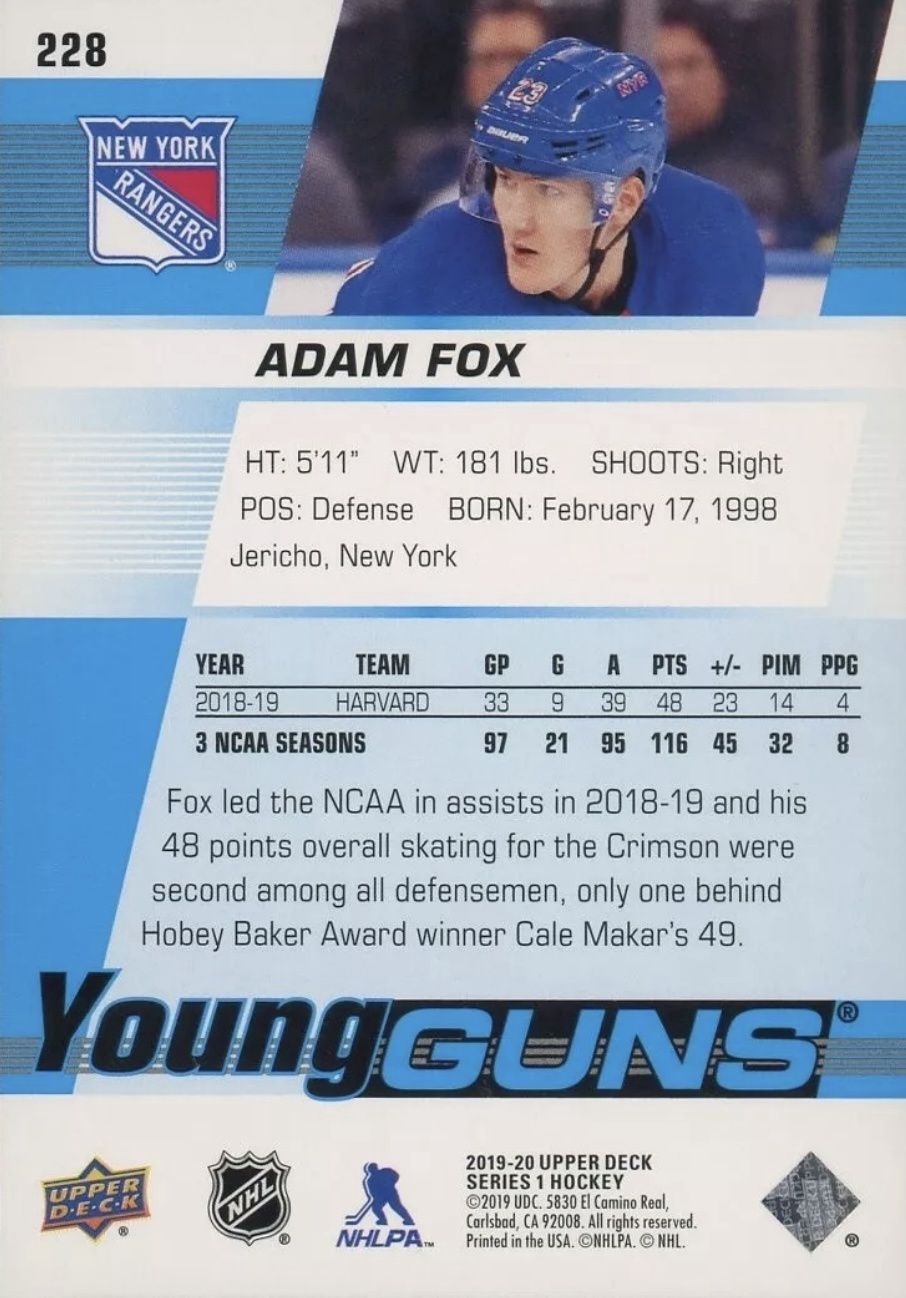 Adam Fox - 2019-20 UD Series one Young guns #228