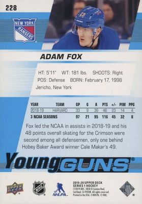 Adam Fox - 2019-20 UD Series one Young guns #228