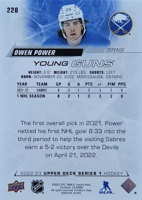 Owen power - 2022-23 UD Series one Young guns #228