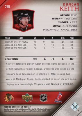 Duncan Keith - 2005-06 UD Series one Young guns #230
