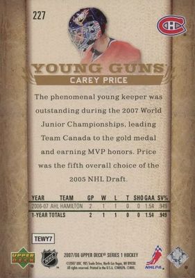 Carey Price - 2007-08 UD Series one Young guns #227
