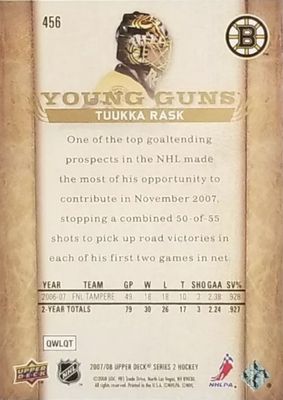 Tuukka Rask - 2007-08 UD Series two Young guns #456