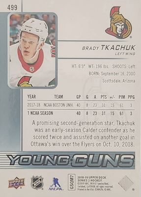 Brady Tkachuk - 2018-19 UD Series two Young guns #499
