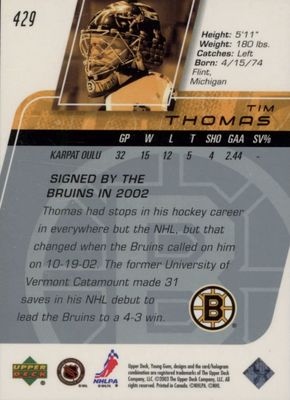 Tim Thomas - 2003 Upper deck Young guns #429