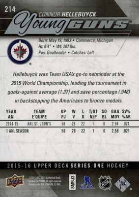 Connor Hellebuyck - 2015-16 UD Series one Young guns #214