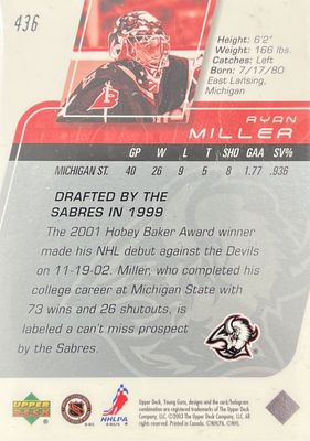Ryan Miller - 2003 Upper deck Young guns #436