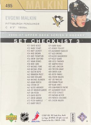 Evgeni Malkin - 2007 Upper deck Young guns Checklist #495