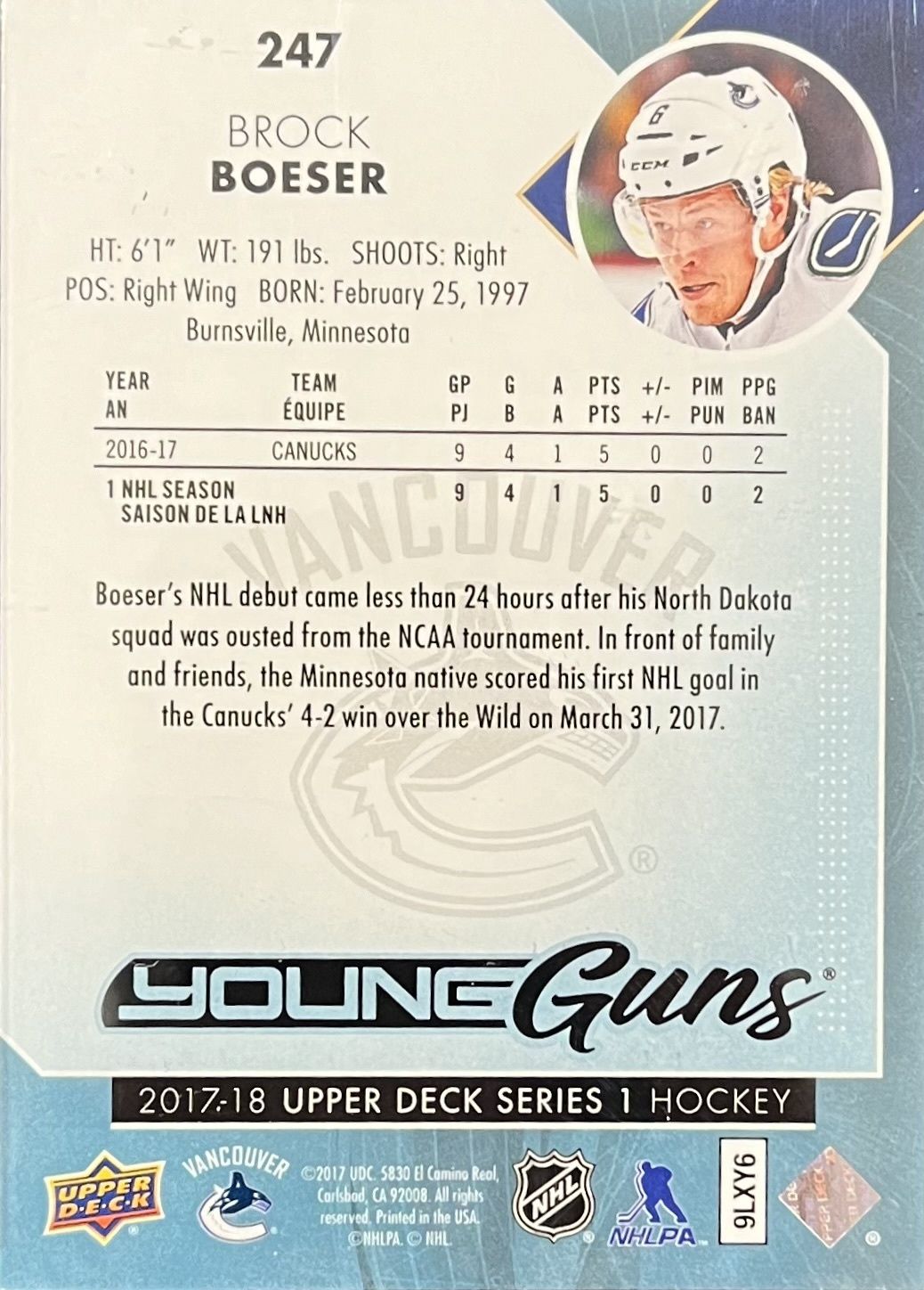 Brock Boeser - 2017-18 Upper deck Series one Young guns #247