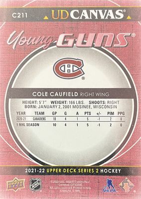 Cole Caufield - 2021-22 Upper deck Series two UD Canvas Young guns C211