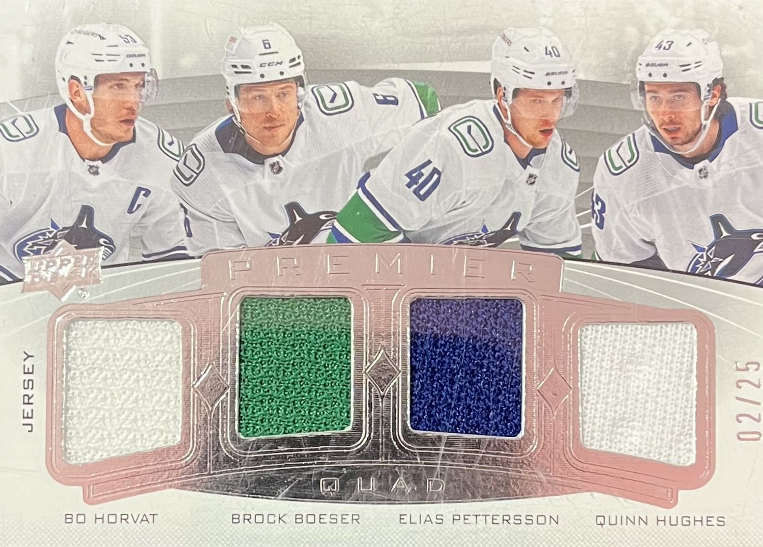 Bo Horvat/Brock Boeser/Elias Pettersson/Quinn Hughes - 2020-21 Upper deck Premier Jersey /25 PQ-VAN