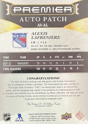 Alexis Lafrenière - 2022-23 Upper deck Premier auto patch /35 AV-AL