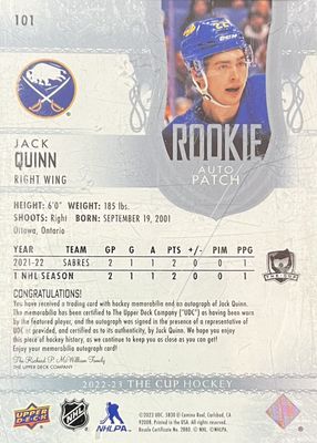 Jack Quinn - 2022-23 Upper deck The cup Rookie auto patch /249 #101
