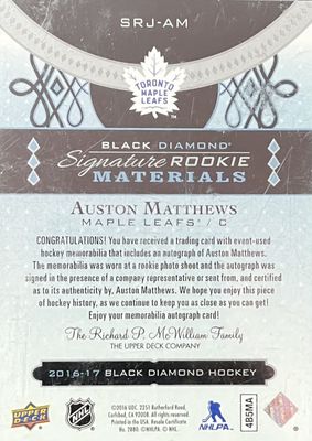 Auston Matthews - 2016-17 Upper deck Black diamond Signature rookie materials /25 SRJ-AM