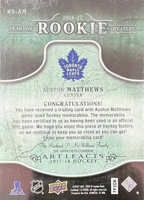Auston Matthews - 2016-17 Upper deck Artifacts Year one rookie swatches /5 RS-AM