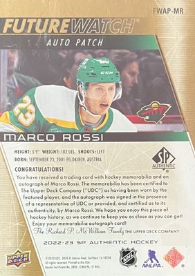 Marco Rossi - 2022-23 Upper deck SP Authentic Future watch auto patch /100 FWAP-MR