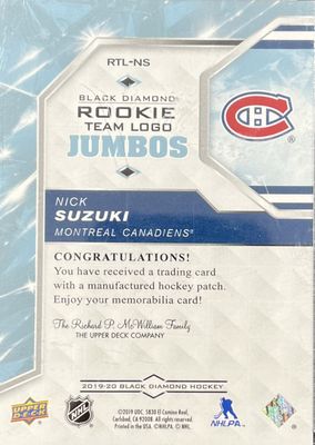 Nick Suzuki - 2019-20 Upper deck Black diamond Rookie team logo jumbos RTL-NS