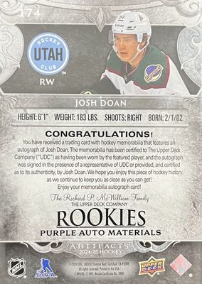 Josh Doan - 2024-25 Upper deck Artifacts Rookies purple auto materials /15 #174