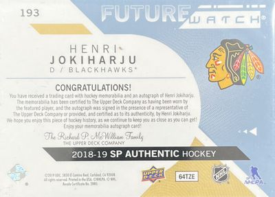 Henri Jokiharju -2018-19 Upper deck SP Authentic Autographed patch future watch /100 #193