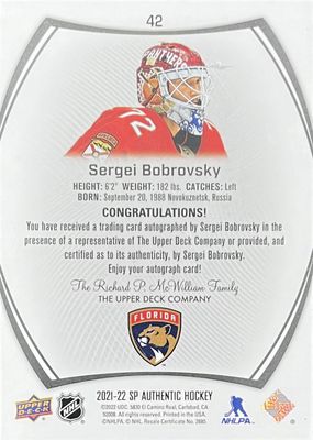 Sergei Bobrovsky - 2021-22 Upper deck SP Authentic #42