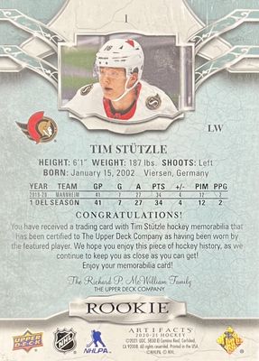 Tim Stützle - 2020-21 Upper deck Artifacts Rookie /99 I
