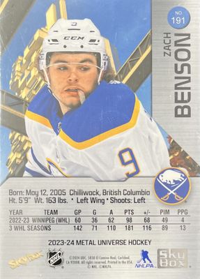 Zach Benson - 2023-24 Skybox metal universe Rookie precious metal gems /10 #191