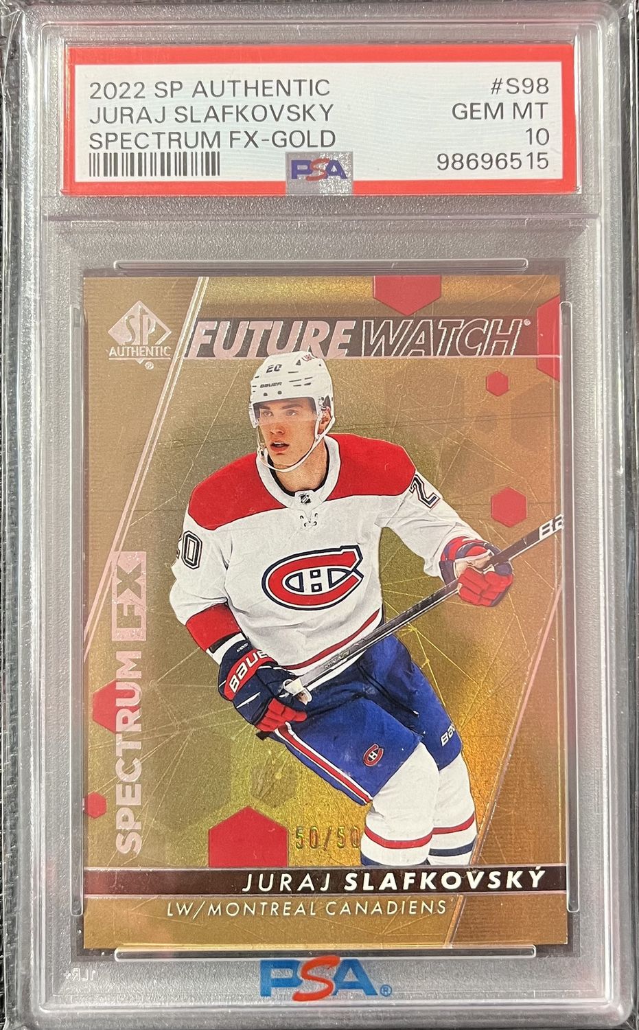 Juraj Slafkovsky - 2022-23 Upper deck SP Authentic Future watch Spectrum FX gold 50/50 (LAST PRINT) S98 PSA 10