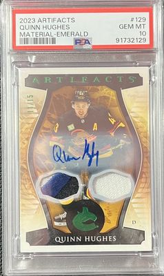 Quinn Hughes - 2023-24 Upper deck Artifacts Material emerald /15 #129 PSA 10