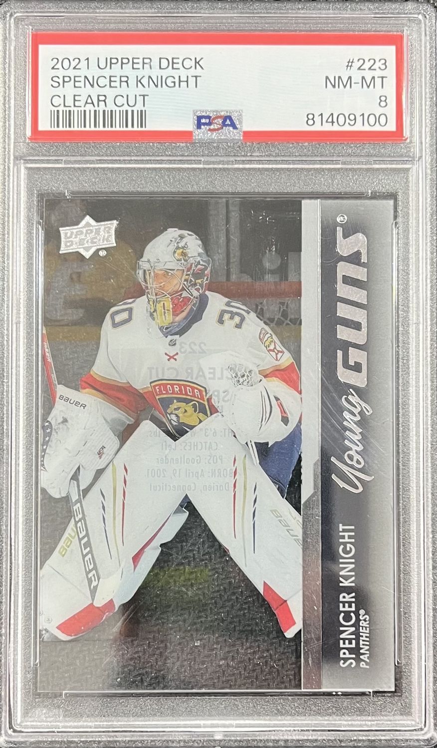 Spencer Knight - 2021-22 Upper deck Series one Young guns Clear cut #223 PSA 8