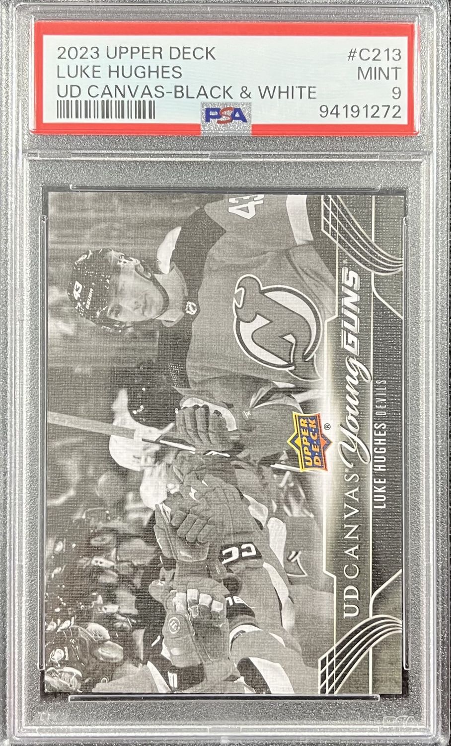 Luke Hughes - 2023-24 Upper deck Series two UD Canvas Black &amp; White Young guns C213 PSA 9