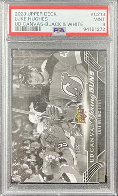 Luke Hughes - 2023-24 Upper deck Series two UD Canvas Black &amp; White Young guns C213 PSA 9