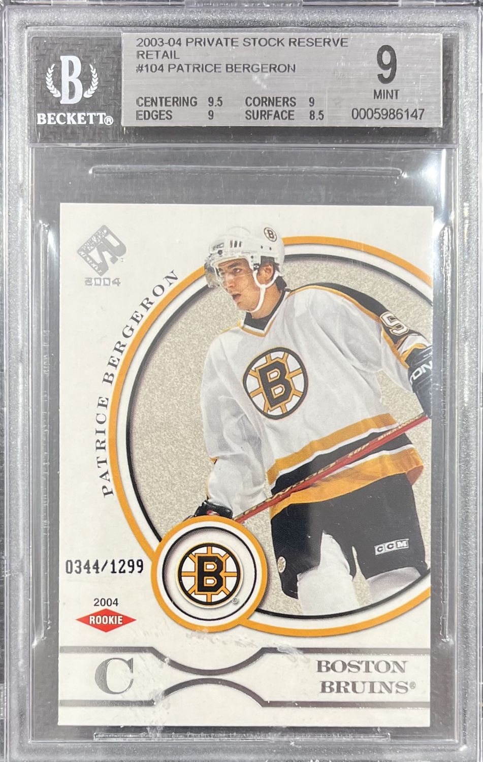 Patrice Bergeron - 2003-04 Private stock reserve retail /1299 #104 Beckett 9
