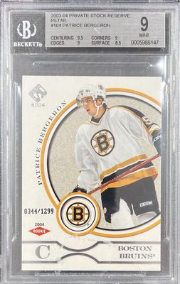 Patrice Bergeron - 2003-04 Private stock reserve retail /1299 #104 Beckett 9