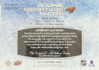 Matt Boldy - 2023-24 Upper deck Engrained Rookie signature shots Red stick /45 RSS-MB